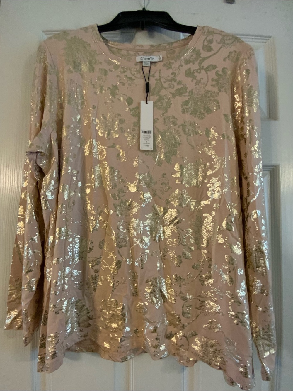 Chico's Blush Pink Long-Sleeve Top with Gold Foil Floral